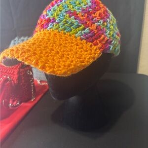 Unisex Multicolor Crochet Brim Hat - Orange Visor